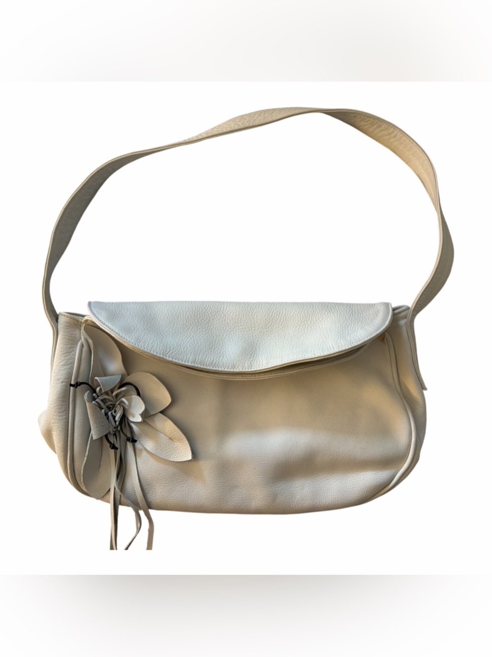 Cream Faux Leather Shoulder Bag with Floral Accent